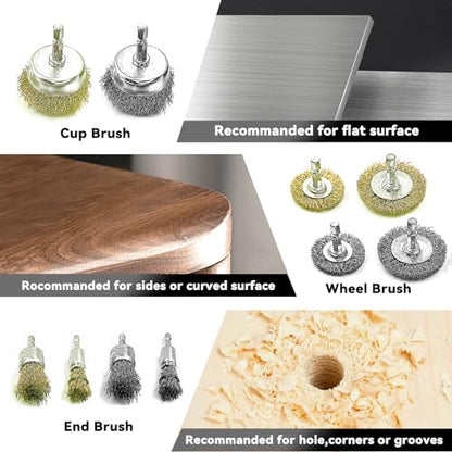 Daily Treasures 10 Pack Wire Wheel Cup Brush Set for Drill Abrasive with 1/4" Hex Shank,Extension Rod for Safty,Brass Coated Crimped Drill Sanding Attachment，Metal Brush for Drill Rust Removal