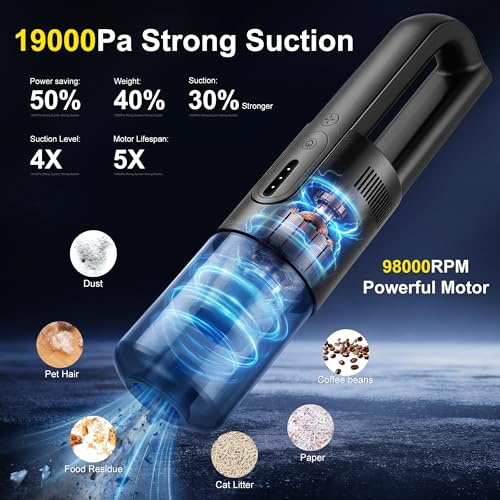 Handheld Vacuum Cordless, 5-in-1 Car Vacuum Portable Cordless 30 Mins Rapid Rechargeable Hand Vacuum Brushless Motor 19000Pa Strong Suction, Dust Busters for Car Home with 4 Nozzles, Gray