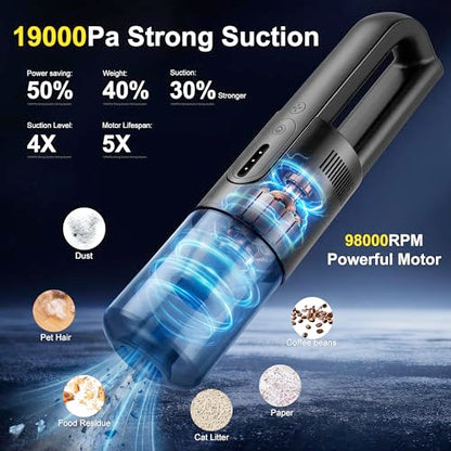 Handheld Vacuum Cordless, 5-in-1 Car Vacuum Portable Cordless 30 Mins Rapid Rechargeable Hand Vacuum Brushless Motor 19000Pa Strong Suction, Dust Busters for Car Home with 4 Nozzles, Gray