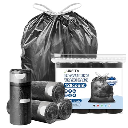 Small Trash Bags Drawstring 120 Count, JUKFITA Extra Strong 4 Gallon Garbage Bags, Unscented Trash Can Liners fit Bathroom Kitchen Office, Dark Black - color: Black, size: 120 Count (Pack of 1)