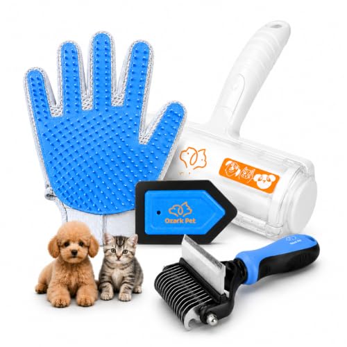 4-in-1 Pet Care & Pet Hair Control System for Dogs & Cats – Deshedding Tool, Pet Hair Remover, Grooming Glove & Detail Cleaner for Furniture Couch Carpet Home & Car (Blue, Combo 4-in1 Large) - color: Blue, size: Combo 4-in1 Large