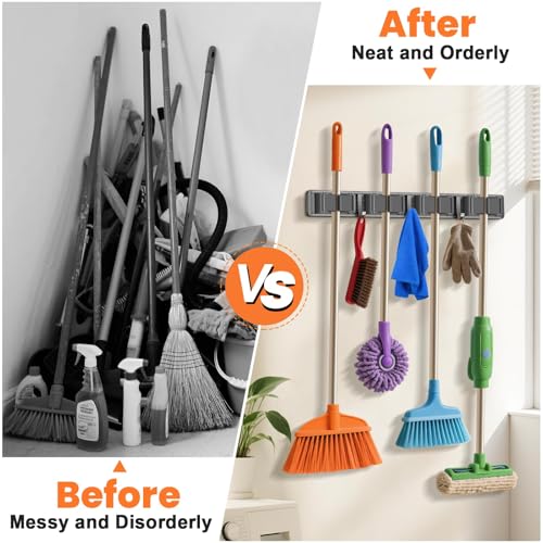 YIZE By YIZHE 15.7 Inch Adhesive Wall Mounted Mop and Broom Holder, 3 Clips & 4 Hooks, Space Aluminum Heavy Duty Garage Organizer for Long Handle Tools, Stick Vacuum, Shovel, Squeegee