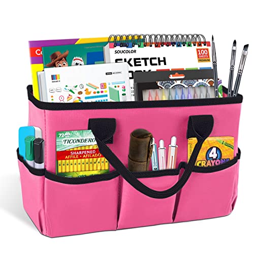 Desktop Tote and Organizer, Teacher Helper Caddy Bag for Arts, Books, Stationery, Office Desk Organization, Make-up Storage with Handles for Travel, Pink - color: Pink