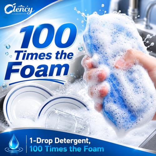Clency Non-Scratch Kitchen Sponges, 6 Pack Dual-Sided Dish Sponges for Washing Dishes, Safe for Nonstick Cookware, Reusable Scrubber Cleaning Set with 2 Silicone Cleaning Gloves