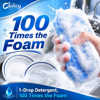 Clency Non-Scratch Kitchen Sponges, 6 Pack Dual-Sided Dish Sponges for Washing Dishes, Safe for Nonstick Cookware, Reusable Scrubber Cleaning Set with 2 Silicone Cleaning Gloves