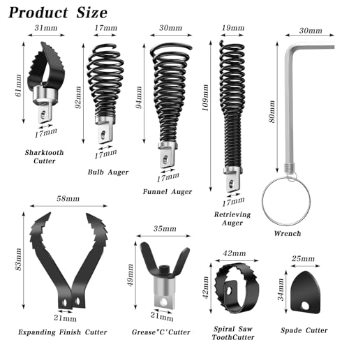 9-Piece Drain Auger Drill Attachment for 5/16”-3/4" Cable, Heavy-Duty Steel Construction, Fits 50FT-100FT Drain Machines,Rust-Resistant for Sink/Shower/Toilet Clogs - style: 9-Piece