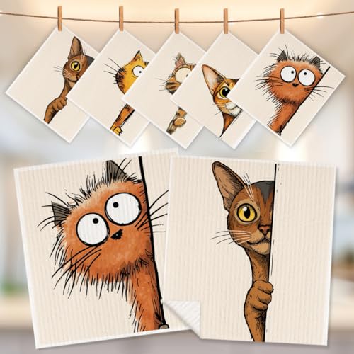 5 Pcs Cartoon Cute Peeking Kitten Swedish Dishcloths, Kitty Swedish Dishcloth, Funny Cat Dish Cloths for Drying Dishes, Reusable Cleaning Cloths, Cat Lover Gifts for Women 8 - color: Lm 03439