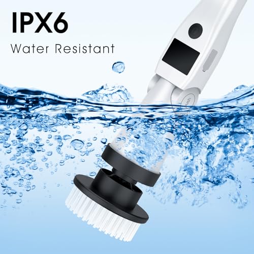 Electric Spin Scrubber, Shower Scrubber with Long Handle, Rechargeable Cordless Power Scrubber, Retractable & Adjustable Angle Spin Brush for Cleaning Bathroom/Tub/Floor/Tile (Black-White+Beige)