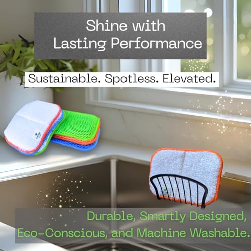 Foldable Dish Sponge – Thin Dual-Sided with Mesh Scrubber and Rayon derived from Bamboo Reusable Non-Scratch Kitchen Sponge for Multi-Surface Cleaning, 6 Pack