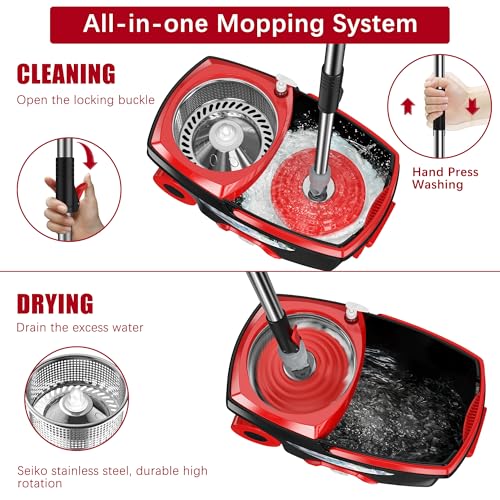 FunClean Spin Mop and Bucket for Home Cleaning, 360° Rotating Floor Mop with Wringer, Adjustable 61" Handle for Back Pain Relief, 6 Microfiber Replacement Heads, 2 Easy-Move Wheels - Black - size: Black Mop Bucket with 6 Extra Refills