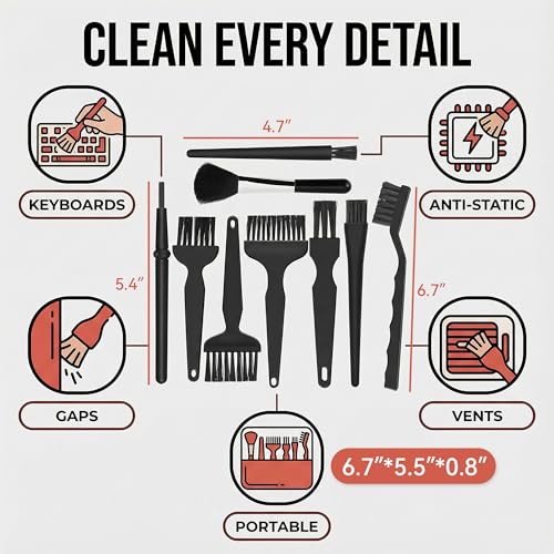 Keyboard Cleaning Kit, 9-Piece Black Detail Brush Set for Keys Vents and Screens, Soft Bristles for Laptop Desktop Office Gear, Compact Storage for Home and Travel Use - size: Large