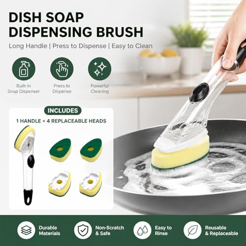 Dish Brush with Soap Dispenser, Dish Scrubber with Handle, Kitchen Sponge Brush for Washing Dishes Pots
