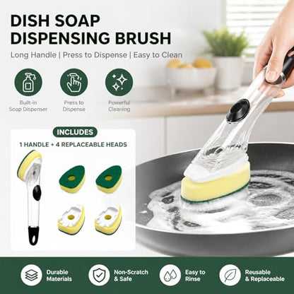 Dish Brush with Soap Dispenser, Dish Scrubber with Handle, Kitchen Sponge Brush for Washing Dishes Pots