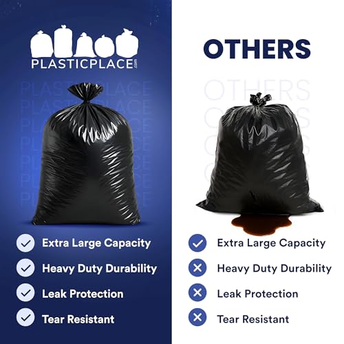 Plasticplace 64-65 Gallon Black Trash Bags, Heavy Duty Toter Can Liners, Tear & Leak-Proof, Industrial Strength, 25 Count, Large Garbage Bags for Kitchen & Commercial Use 1.2 Mil, 50" x 60" - size: 1 Count (Pack of 25)