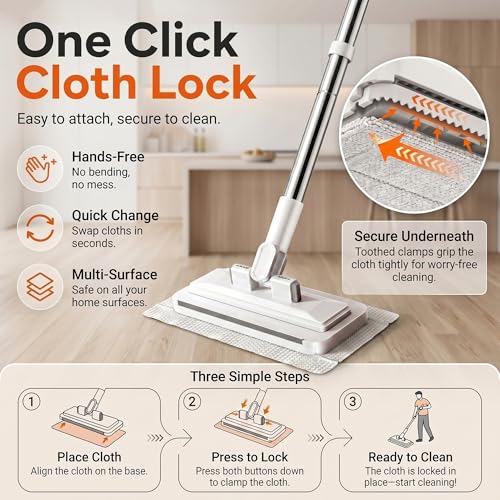 Hands Free Multi Purpose Flat Mop, Hands Free Flat Mop One Click Cloth Change, Hands Free Mops with Reusable Cloths & Mops Hook for Wet Dry Floor Cleaning (43in) - color: 43in