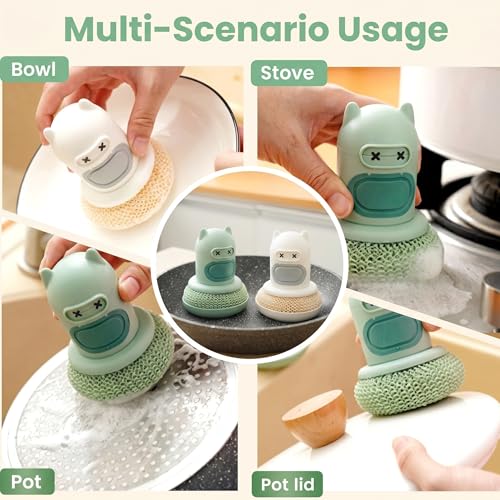 Refillable Soap Dispensing Dish Brush, Palm Grip Kitchen Scrubber, Push-Button Soap Dispenser, Heavy-Duty for Dishes Pots Pans Nonstick Cookware, BPA-Free Food-Safe Kitchen Cleaner (Green)