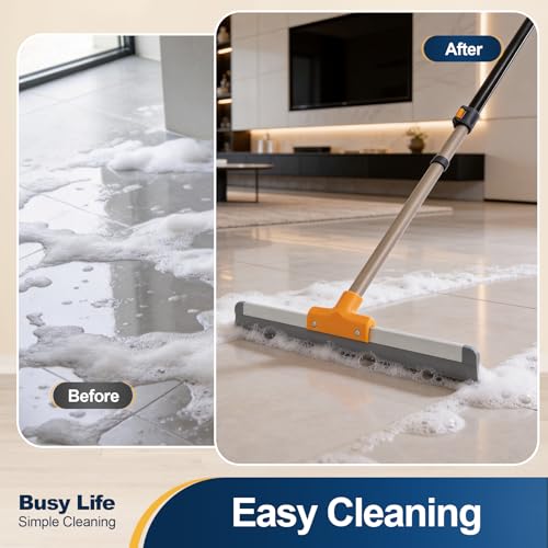 Yocada Rubber Floor Squeegee TPR Blade Scrubber Broom Telescopic Household Shower Squeegee for Garage Courtyard Concrete Shower Bathroom Floor Marble Tile Water Foam Pet Hair Removal Cleaning
