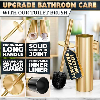 Gold Toilet Brush and Holder Set with Wall Mount - Modern Wall Mounted Toilet Brush Made from Corrosion-Resistant Stainless Steel - Removable Inner Bowl, Splash Protection & Dense Bristles Supplied - color: Gold Wall-mounted