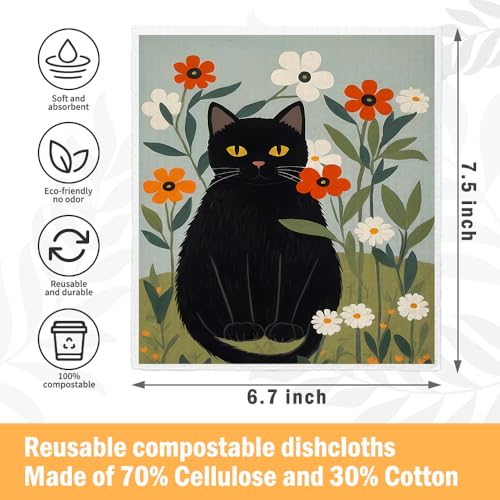 Floral Black Cat Swedish Dishcloths 2 Pack, Reusable Cellulose Sponge Cloths for Kitchen Cleaning, Cute Cat Printed Dish Rags for Kitchen Washing Dishes and Counters