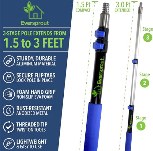 EVERSPROUT 3 Foot Flexible Microfiber Ceiling & Fan Duster | Bendable to Clean Any Fan Blade | Removable & Washable Brush Head | 3-Stage Lightweight Aluminum Extension Pole - size: 3 Foot