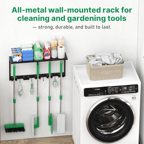CCCEI Broom and Mop Wall Mount with Shelf, Laundry Room Cleaning Tools Organization Hanging Rack with Hooks, Bathroom, Garage, Garden Organizers and Storage. All Metal, Black, 2 Pack.