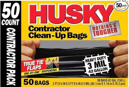 Contractor Clean-Up Bags, Heavy Duty 3 Mil, 42 Gallon, Black, True Tie Flaps, 50 Count