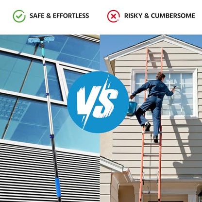 23FT High Reach Window Squeegee & Cobweb Duster with Extension Pole, 2 in 1 Squeegee for Window Cleaning with Lightweight 4-16.5 ft Telescoping Pole, Spider Web Brush with Pole for Outdoor Indoor Car
