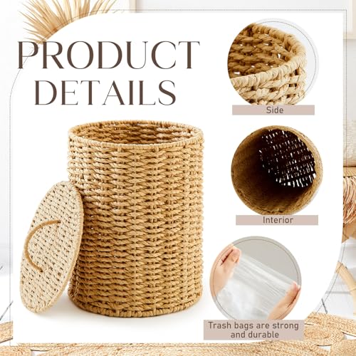 Ctosree 1.3 Gallons Small Trash Can with Lid Handle Boho Woven Braided Bathroom Waste Basket Trash Can with 100 Garbage Bags for Bedroom Office Laundry(Braided Paper Rope, Primary Color) - color: Black, style: Round