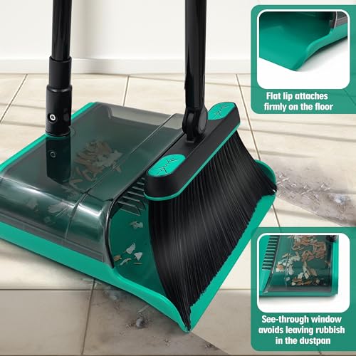 JEHONN Broom and Dust Pan, Upgraded Large Foldable Dustpan with Comb Teeth, 53.5 inches Long Handle Swivel Brush Indoor for Home Kitchen Lobby Floor Cleaning (Green)