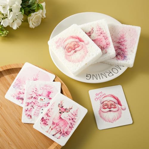 Chengu 12 Pcs Christmas Kitchen Sponges Pink Santa Reindeer Snowman Xmas Tree Water Absorbing Dish Washing Sponge Non Scratch Household Cleaning Scrub Sponges for Holiday Home Kitchen Bathroom - style: Christmas