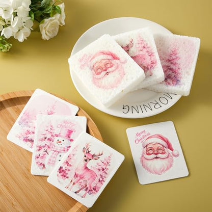 Chengu 12 Pcs Christmas Kitchen Sponges Pink Santa Reindeer Snowman Xmas Tree Water Absorbing Dish Washing Sponge Non Scratch Household Cleaning Scrub Sponges for Holiday Home Kitchen Bathroom - style: Christmas