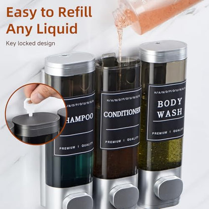 Shampoo and Conditioner Dispenser,Shower Soap Dispenser 3 Chamber No Drill Wall-Mounted Shampoo Dispenser for Shower Wall Mounted Shower Dispenser for Bathroom Hotel Large Capacity,Silver - color: Silver 3 Chamber