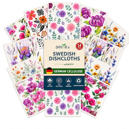 14 PCS Flower Print Swedish Dishcloths for Kitchen 100% Biodegradable, Reusable Cellulose Sponge Cloths Ultra Absorbent, Eco Friendly Cleaning Towels Dishcloths for Washing Dishes & General Cleaning - color: 14 Pcs-flowers Print