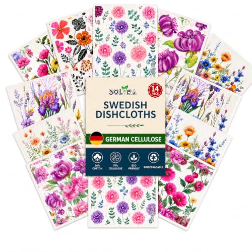 14 PCS Flower Print Swedish Dishcloths for Kitchen 100% Biodegradable, Reusable Cellulose Sponge Cloths Ultra Absorbent, Eco Friendly Cleaning Towels Dishcloths for Washing Dishes & General Cleaning - color: 14 Pcs-flowers Print