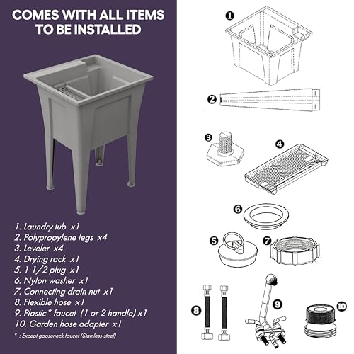 Freestanding Utility Sink with One Handle Black Faucet - 24" Plastic Utility Sink for Garage, Laundry, Indoor and Oudoor Use - Laundry Tub Kit by Noah William Home - Grey (19.5 gal) - color: Grey - One handle black faucet