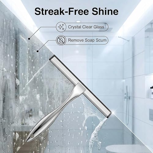 Stainless Steel Shower Squeegee 10 Inch with 2 Adhesive Hooks, Streak-Free Cleaner for Glass Shower Doors, Windows, Mirrors & Tiles