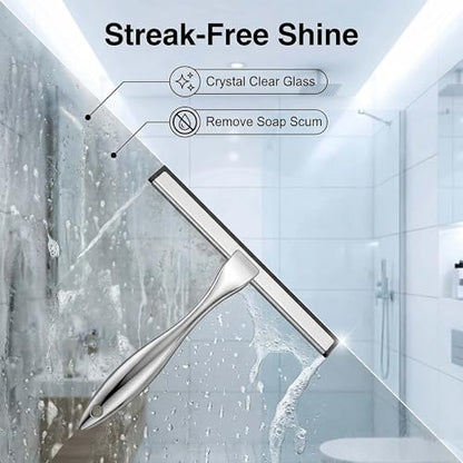 Stainless Steel Shower Squeegee 10 Inch with 2 Adhesive Hooks, Streak-Free Cleaner for Glass Shower Doors, Windows, Mirrors & Tiles
