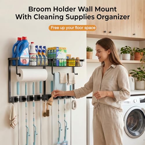 Broom Holder Wall Mount, Broom and Mop Organizer Wall Hanging with Paper Towel Holder & Removable Anti-fall Basket, Wall Mount Cleaning Supplies Organizer for Laundry Room, Apartment, Utility Room