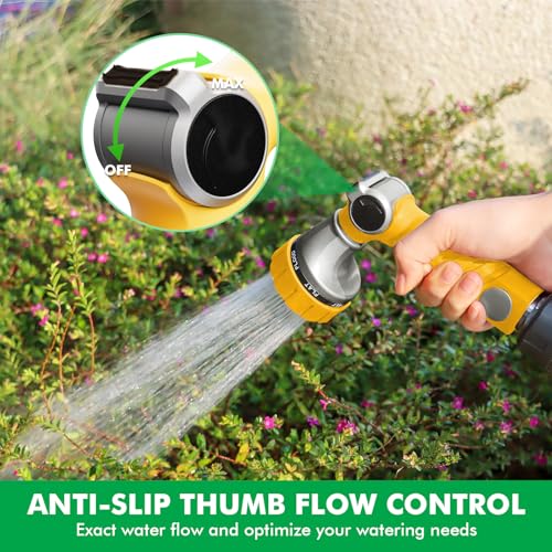 RESTMO Heavy Duty Hose Nozzle, Metal Garden Water Hose Sprayer with 7 Watering Patterns, Thumb Control, On Off Valve, High Pressure Nozzle Sprayer for Watering Plants, Car and Pet Washing, Yellow - color: Yellow