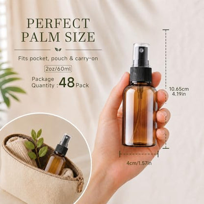 48 Pack Amber Plastic Spray Bottles, 2oz Fine Mist Spray Bottles for Essential Oils, Water Spray Bottle for Hair Plant & Cleaning Solution