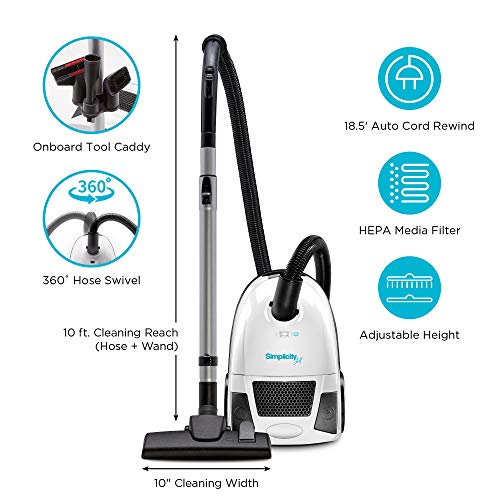 Simplicity Vacuums Jill Canister with Bags, Filter Set, and Pet Upholstery Tool Bundle, Rug and Hardwood Vacuum Cleaner with Dual-Certified HEPA Filter and Bag, Pet Vac