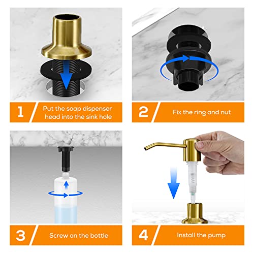 Gold Soap Dispenser for Kitchen Sink, Built in Dish Soap Dispenser Brushed Gold Stainless Steel Pump Head, Counter Soap Lotion Dispenser Refill from The Top with 17 Oz PE Bottle - color: Brushed Gold