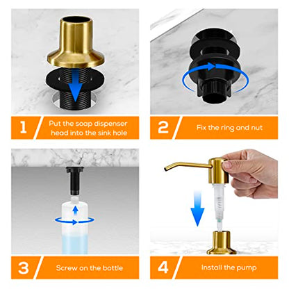 Gold Soap Dispenser for Kitchen Sink, Built in Dish Soap Dispenser Brushed Gold Stainless Steel Pump Head, Counter Soap Lotion Dispenser Refill from The Top with 17 Oz PE Bottle - color: Brushed Gold