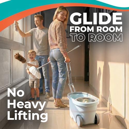 Grazie Spin Mop & Bucket Set - 360° Self-Wringing System with Wheels, Stainless Steel Handle - Hands-Free Floor Cleaning for Hardwood, Tile, Laminate - Includes 4 Washable Microfiber Mop Head Refills - size: Light Blue Mop Bucket + 4 Mop Heads