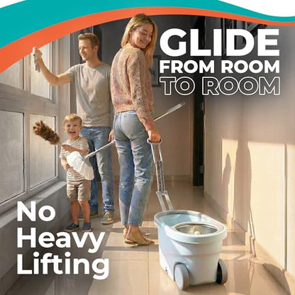 Grazie Spin Mop & Bucket Set - 360° Self-Wringing System with Wheels, Stainless Steel Handle - Hands-Free Floor Cleaning for Hardwood, Tile, Laminate - Includes 6 Washable Microfiber Mop Head Refills - size: Light Blue Mop Bucket + 6 Mop Heads