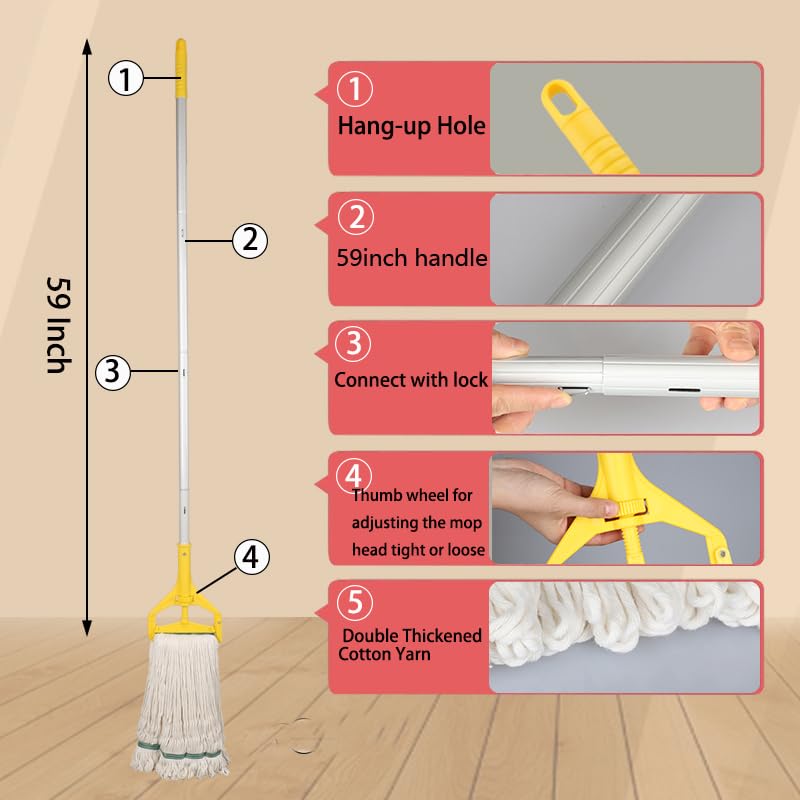Commercial Industrial Mop for Floor Cleaning ,Add 2 Mop Head Replacement | Heavy Duty Mop,59" Long Handle Looped-End String Wet Cotton Mop for Home,Kitchen,Office,Garage,Concrete/Tile Floor