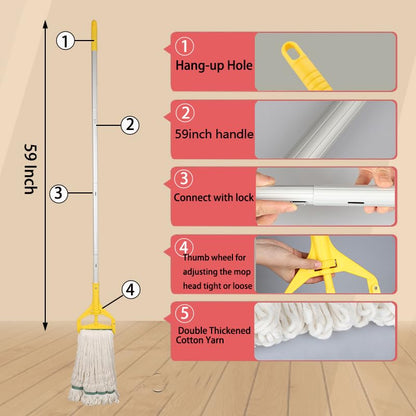 Commercial Industrial Mop for Floor Cleaning ,Add 2 Mop Head Replacement | Heavy Duty Mop,59" Long Handle Looped-End String Wet Cotton Mop for Home,Kitchen,Office,Garage,Concrete/Tile Floor