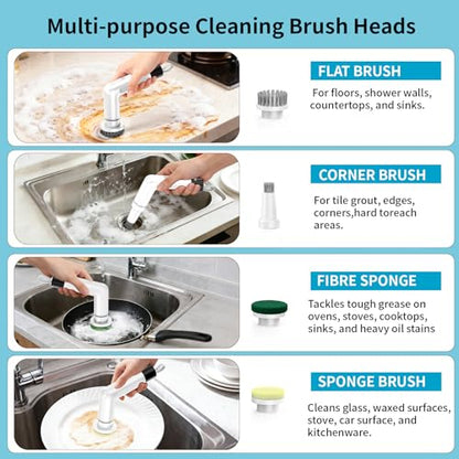 Electric Dish Scrubber, Mini Cordless Kitchen Cleaning Brush with 4 Replaceable Heads, 20W High-Torque Dual Speed, IPX7 Waterproof LED Display 90-120 Mins Runtime (ECB-S3) - size: S3 Mini