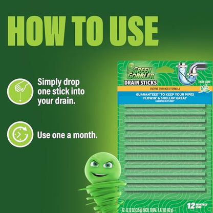 Green Gobbler Drain Cleaner & Deodorizer FRESH SCENT Sticks for Toilet Tanks, Sinks, Bathtub Drains, Washing Machine Drains and Garbage Disposals - 24 Pieces - size: 12 Count (Pack of 2)