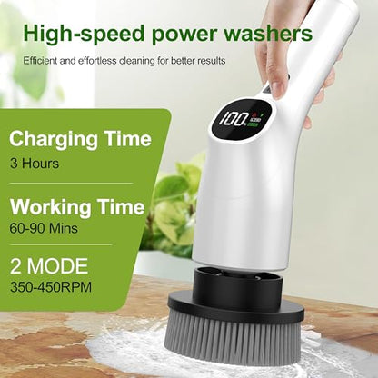 Electric Spin Scrubber, Shower Scrubber with Long Handle Adjustable LCD Display, 2 Speed Shower Cleaner, 7 Replaceable Brush Heads Bathroom Cleaning Brush, Bath Tub Power Scrubbers White G3 - color: White